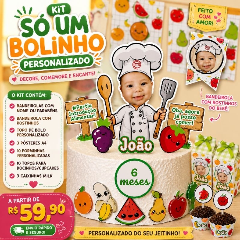 Kit Só Um Bolinho Personalizado Mesversário, aniversário  Infantil Topo de Bolo Bandeirolas com rostinho e caixinhas.