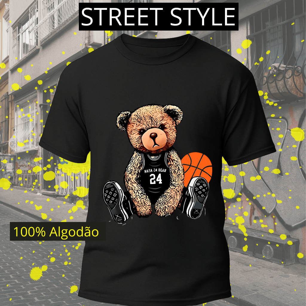 Camiseta Urso Basquete Streetwear Masculina Estampada Roupa Estilo Urbano Algodão