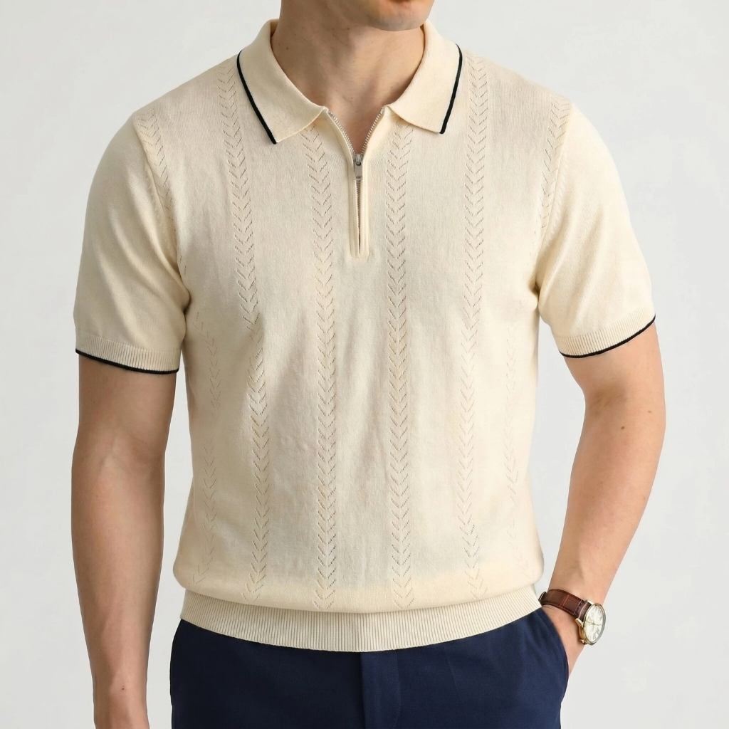 Camisa Polo de Tricô Masculina | Moda Legal Homem | Jacquard Vazado com Zíper Respirável Casual Executivo