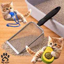 Pá de Areia Coletora e Brinquedo Opcional Pet Gato, Cachorro em Aço Inox, Caixa de Areia Higiênica