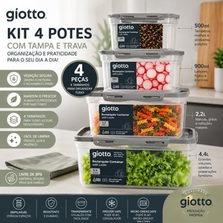Kit 4 Potes Cinza para Cozinha 500ml, 900ml, 2,2L e 4,4L armazenamento de alimento Giotto