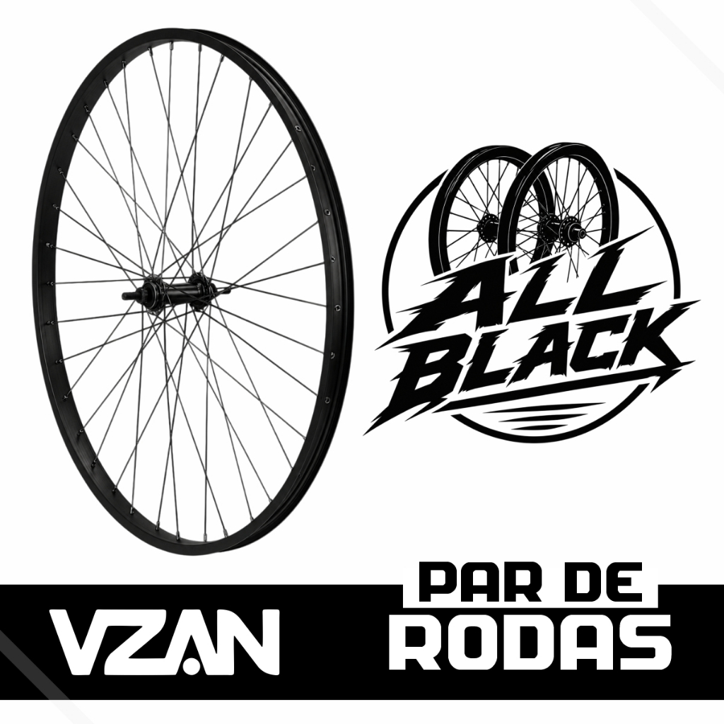 Par de Rodas Aro 26x1.9 Alumínio Natural Cubo Aço Raio Fino Bike MTB Caiçara Beach Vzan All Black
