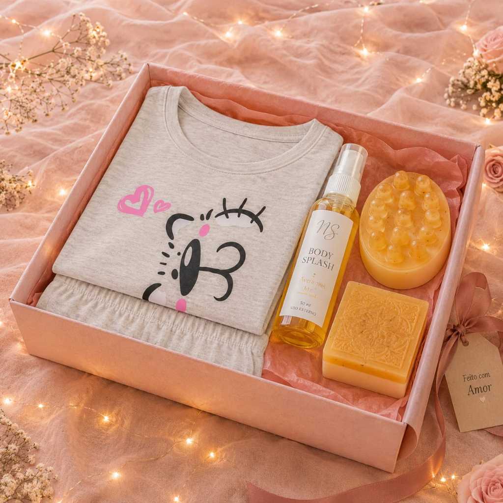 Kit Presente Completo Mulher Pijama Feminino + Kit Mini Spa Aveia e Mel Pronto P/ Presente Criativo