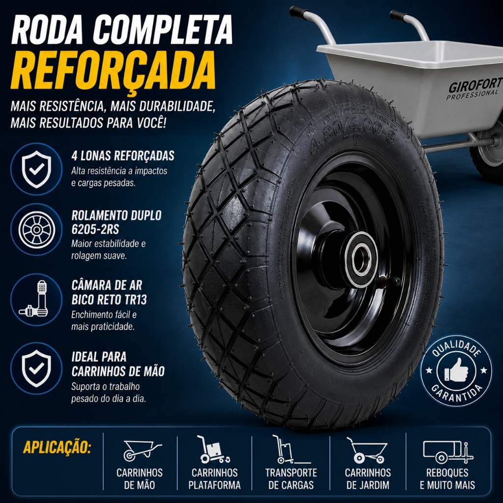 Kit Roda Completa 4.80/4.00-8 Pneu Câmara Aro Reforçado Carrinho de Carga Mão Plataforma