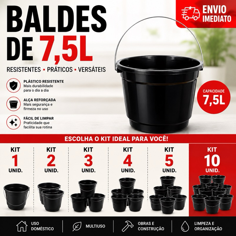 Balde 7,5 Litros Super Resistente Alça Metálica | Balde Plástico Reforçado | Kit 1 a 10 Unidades