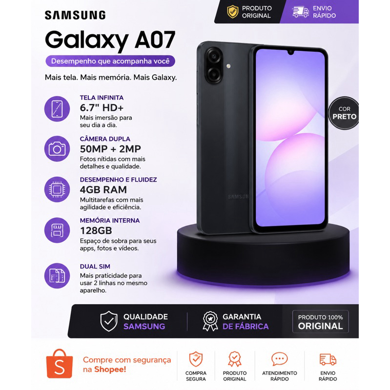 Celular Samsung Galaxy A07 - 128GB, 4GB, Câm. 50MP, Tela 6.7