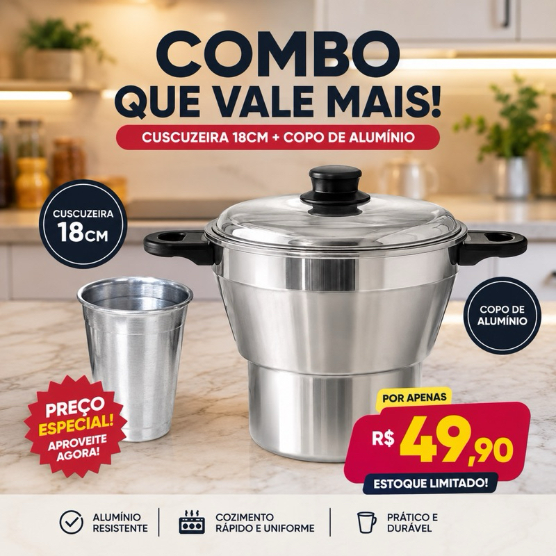 Cuscuzeira Alumínio Polido Vapor 18cm + Copo 340ml combo cozinha