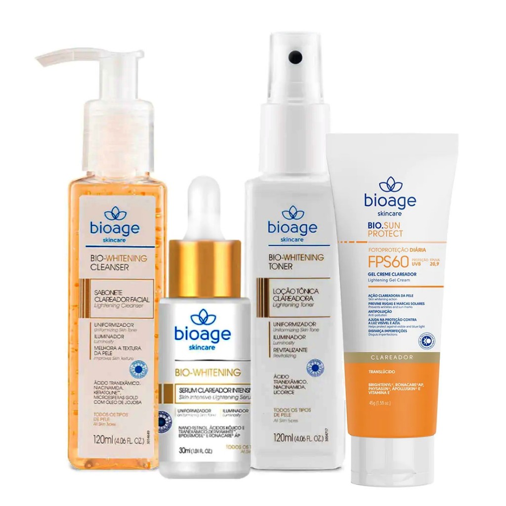 Sabonete Facial +Tonico Facial + Serum + Protetor Solar Translucido FPS60 Kit Clareador Bioage Rotina Completa
