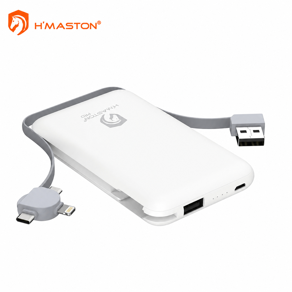 Power Bank H'maston YD-23 5000mAh Carregador Portátil Cabos Embutidos Turbo Slim Compatível iPhone Android V8 Tipo-C