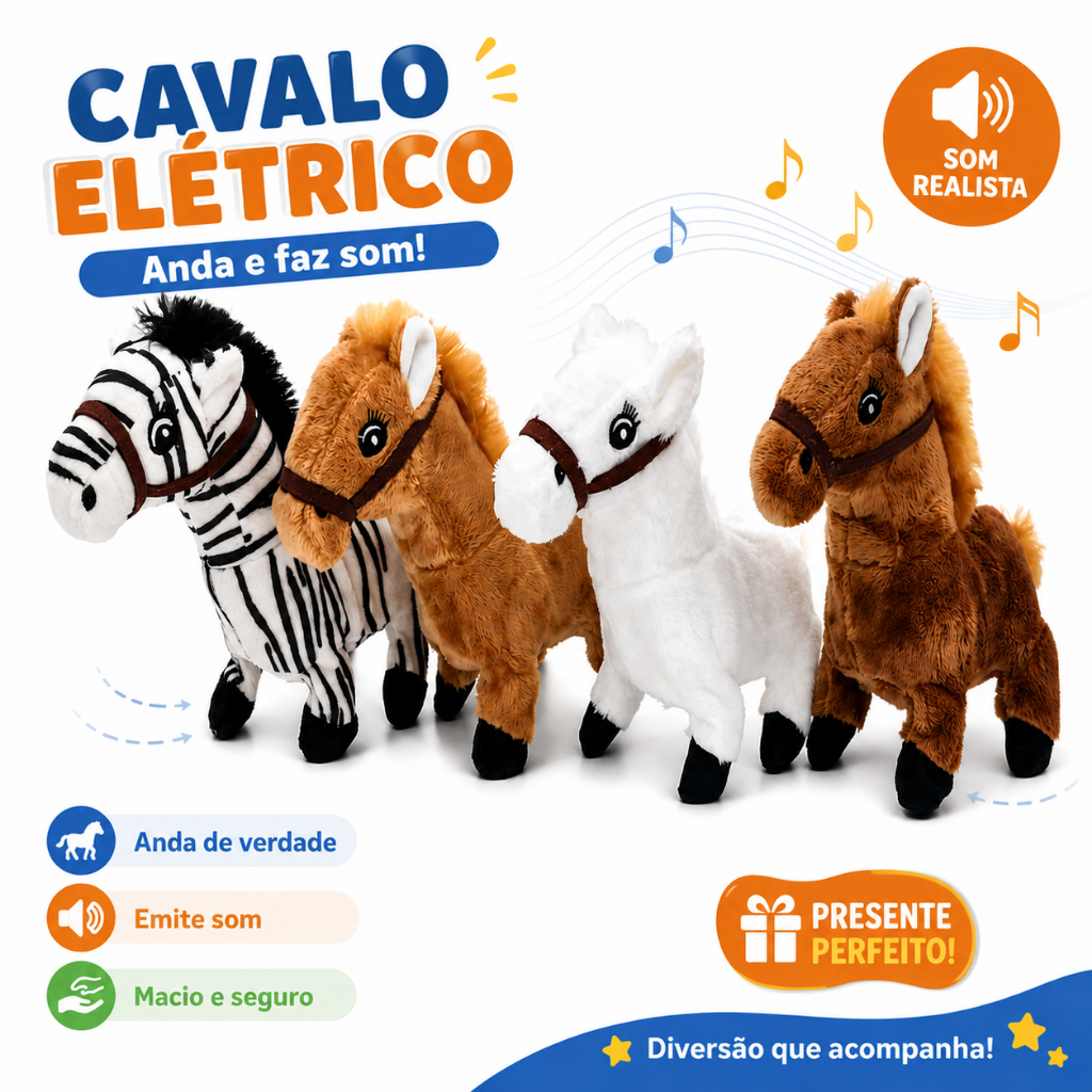 Brinquedo de Pelúcia Elétrico Cavalo que Anda e Emite Som Interativo Infantil Presente para Crianças