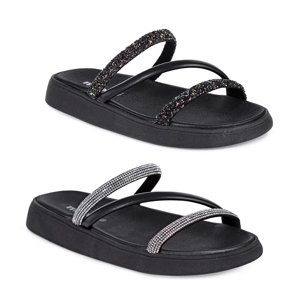 Imagem Sandália Papete Moleca Feminina Confortável Macia Tiras Gliter Brilho Chinelo Slide Rasteirinha EVA