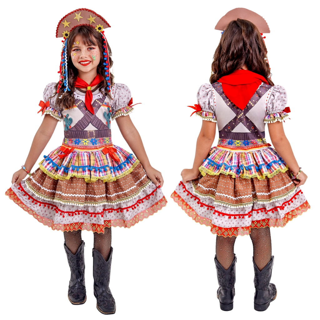 Fantasia Infantil Vestido Cangaceira Com Tiara Festa Junino Luxo