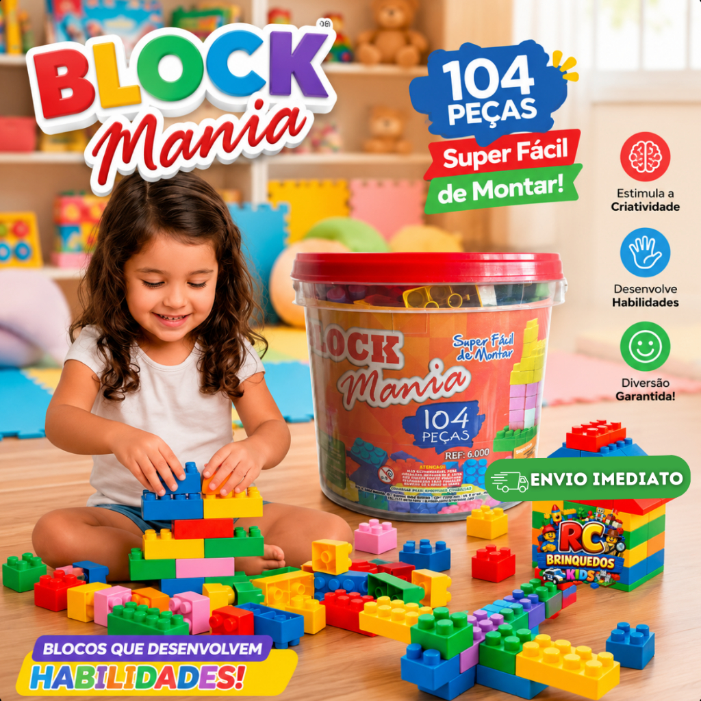 Balde Blocos de Montar 104 Peças Infantil Educativo Desenvolve Coordenação Motora