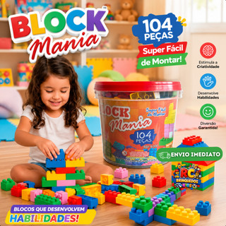 Balde Blocos de Montar 104 Peças Brinquedo Infantil Educativo Desenvolve Coordenação Moto…