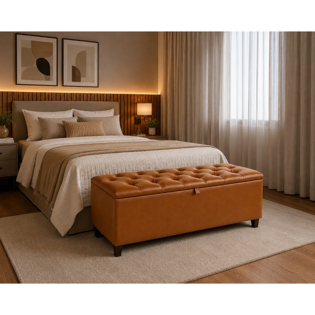 Recamier Corino Baú 120cm Puf Capitone Casal Elegante Tecido Corino Caramelo