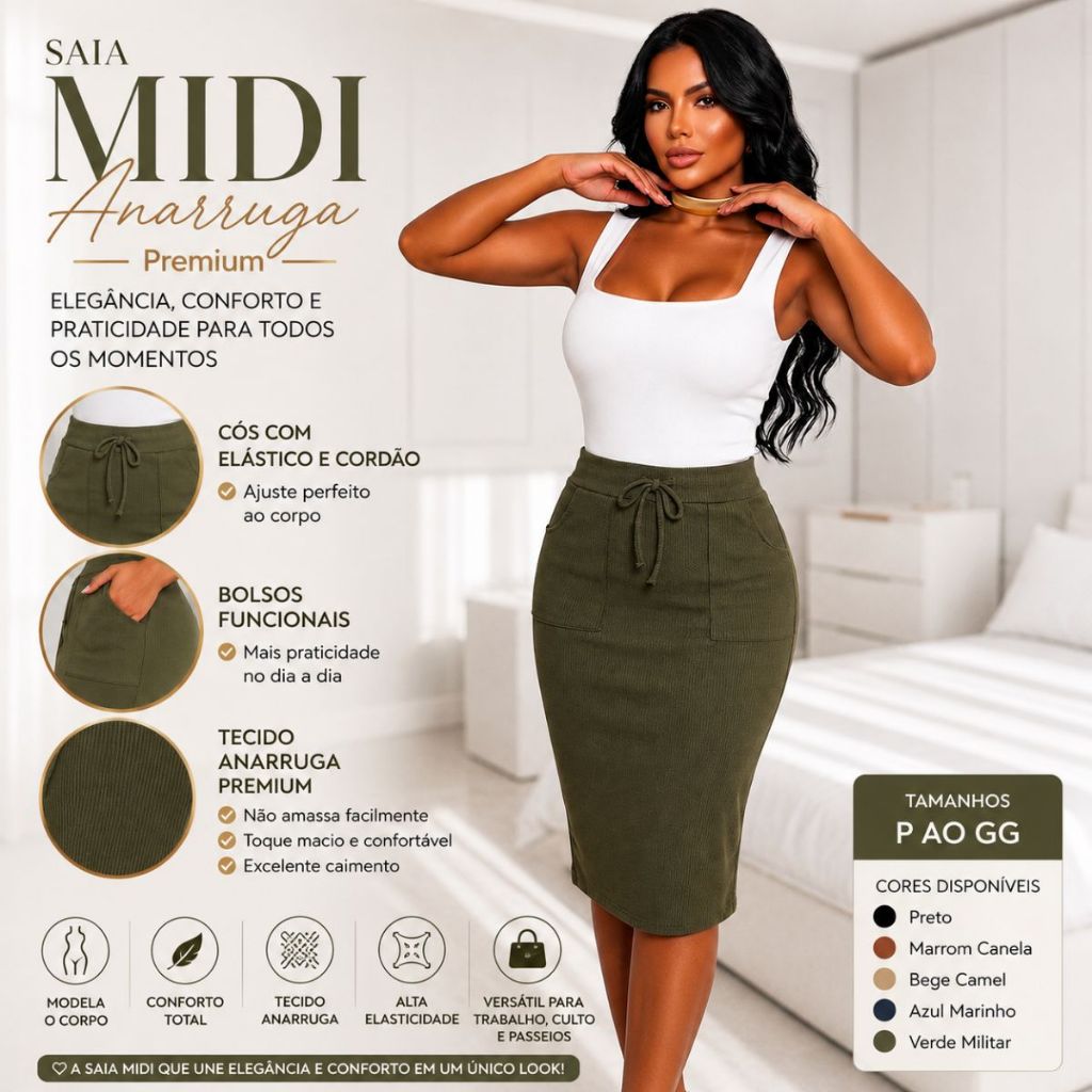 Saia Lápis Moda Evangélica Secretaria Social com Bolso Anarruga