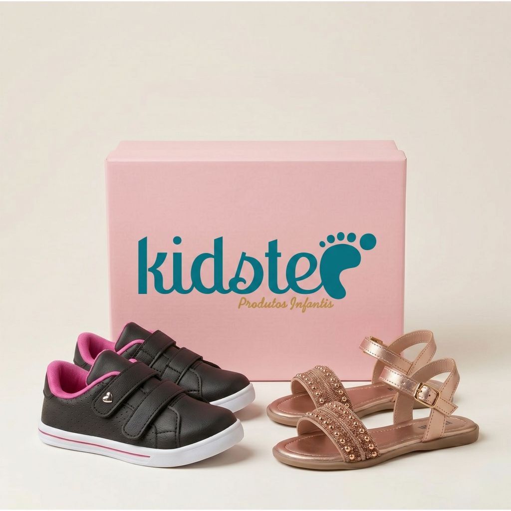 KIT 2 PARES Sandália Infantil Menina Rasteira Brilho Cobre e Tênis Casual Preto Pink Kidstep