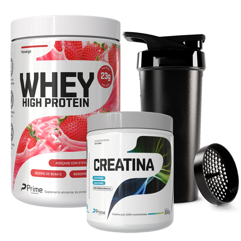 Whey Protein Concentrado Pote 900g Prime + Creatina 100% pura 300g + Coqueteleira - 23g de proteína por porção