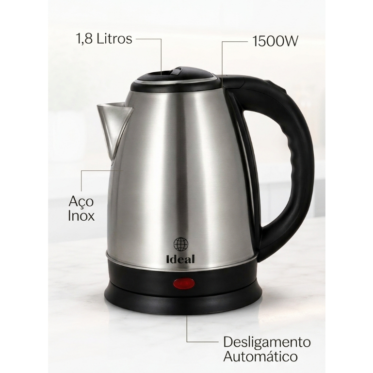 Chaleira Elétrica Inox 1,8L1500W 220V com Desligamento Automático e Base 360°muita praticidade