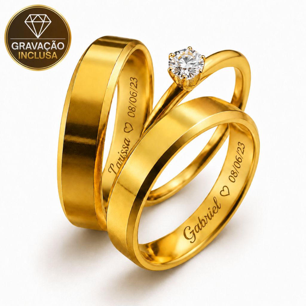 Par de Alianças + Gravação + Anel Solitário aliança 4mm 18k Noivado Compromisso Casamento com Caixa