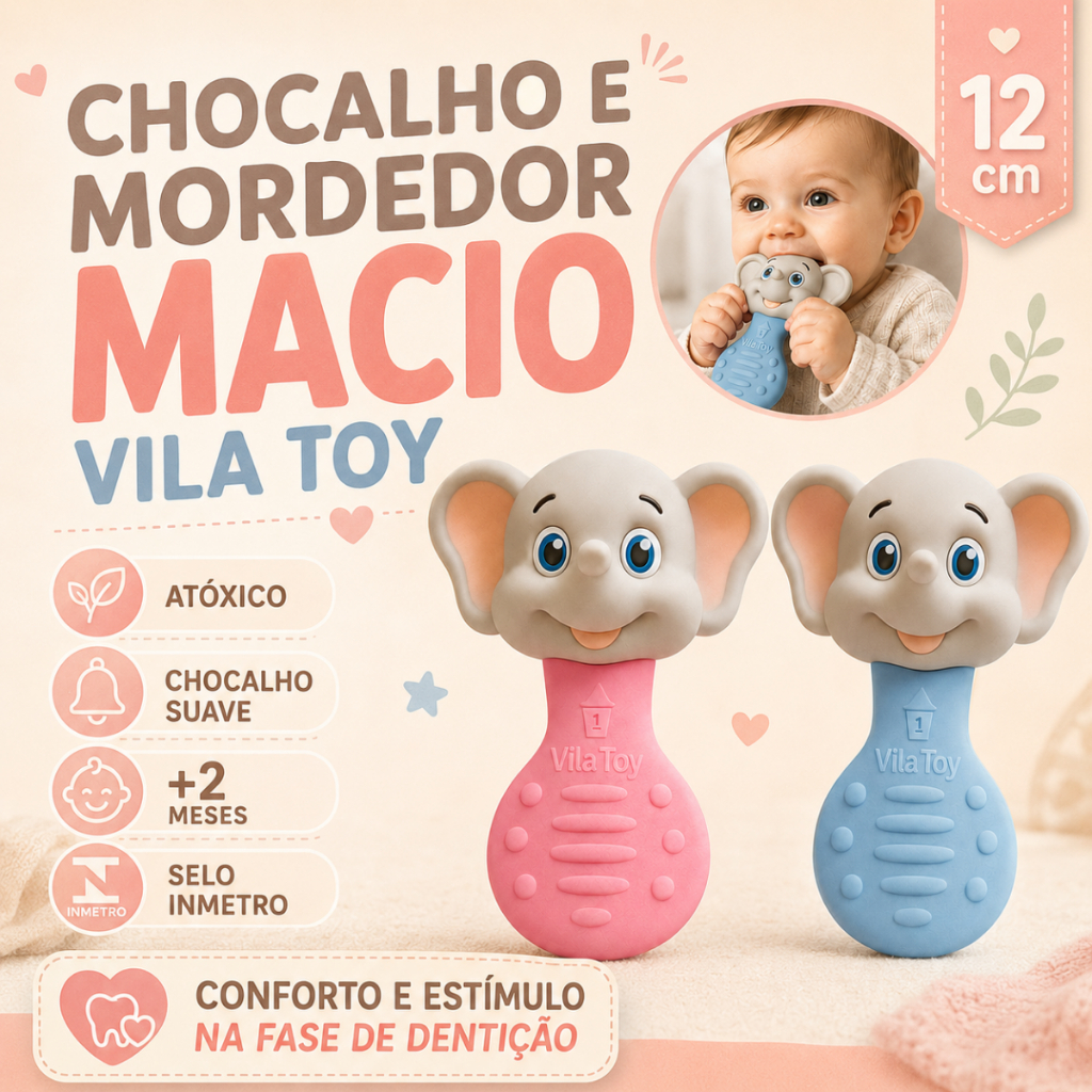 Mordedor Chocalho Bebe Elefante Vinil Macio Sensorial Dentição Atóxico Livre Ftalato Coordenacao Motora 2 Meses INMETRO