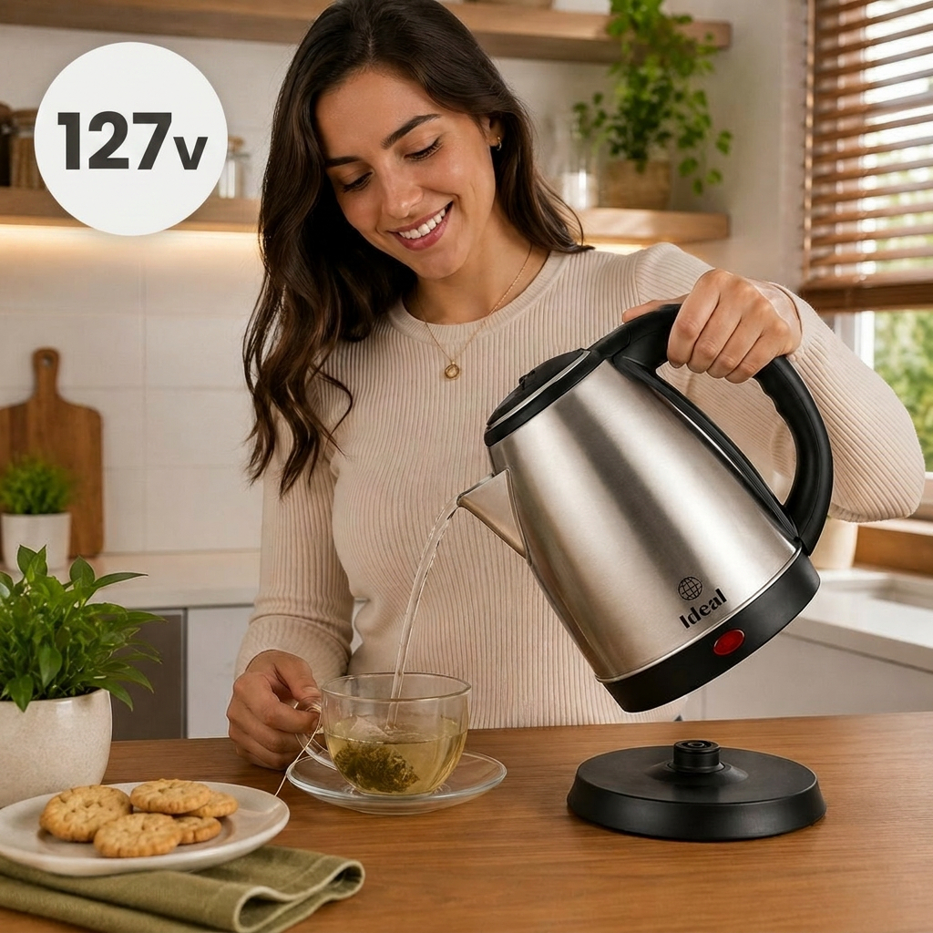 Chaleira Eletrica Inox 1,8 Litros 1000 Watts Aquecimento Rapido Desligamento Automatico Seguranca agua quente cafe