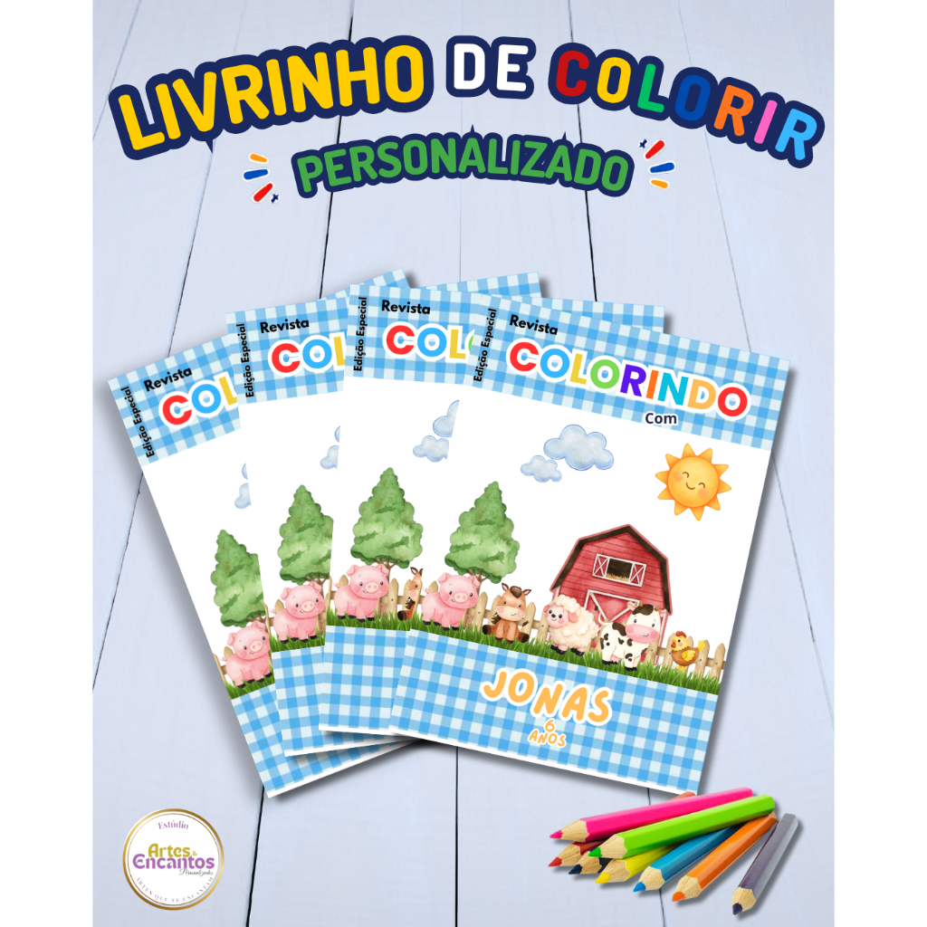 Revistinha de colorir Livrinho Lembrancinha infantil personalizada Aniversário Tema Fazendinha Azul