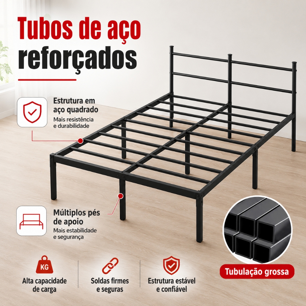 Base Cama Casal Solteiro Estrado Ferro Aço Reforçado Forte Preto Silencioso Antirruído Espaço Organizador Fácil Montar