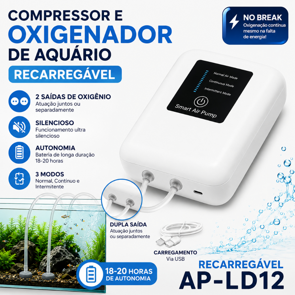 COMPRESSOR/OXIGENADOR DE AR NOBREAK PARA AQUÁRIO AP-LD12-3W BIGOOFISH--BATERIA 26HS - BIVOLT- USB