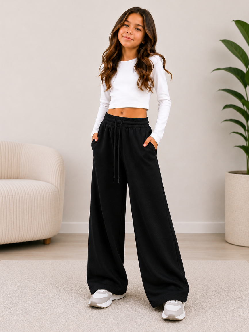 Calça Moletom Wide Leg Infantil Feminina Flanelada Com Bolso Moda Inverno Casual Peluciada
