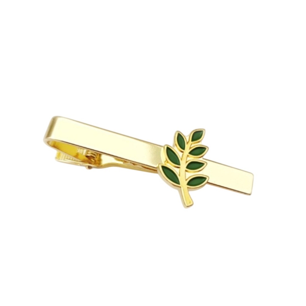 Prendedor de Gravata Maçom Maçonaria Maçônico Com Símbolo Folha de Acácia Dourado Com Detalhe Verde