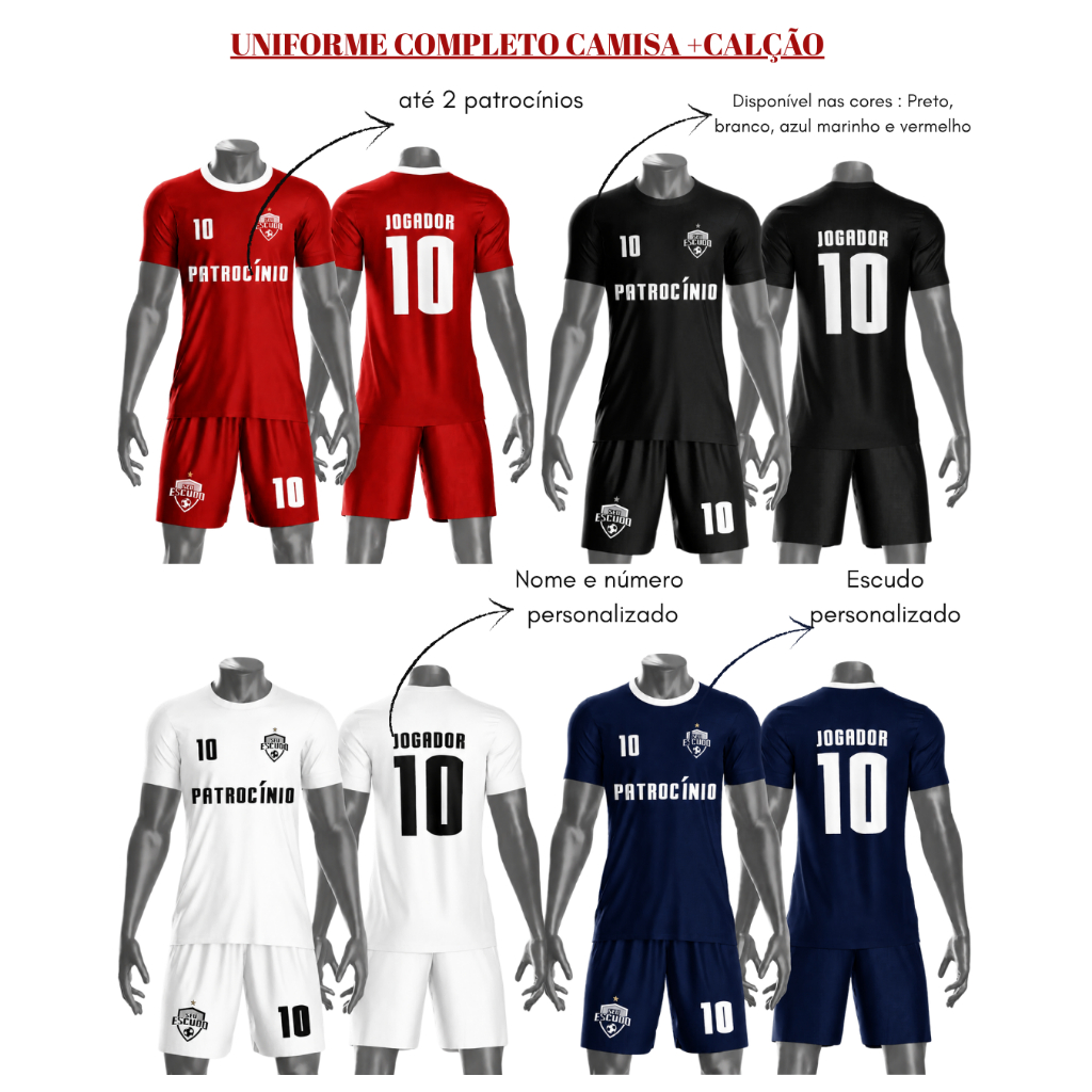 Uniforme jogador futebol amador esportivo camiseta e calção personalizavél fardamento dry fit
