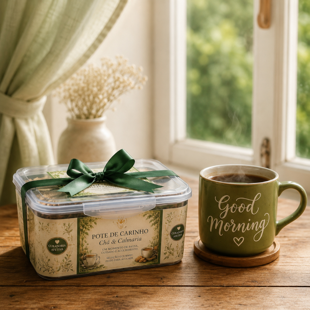 Pote Carinho Chá e Calmaria Kit Presente Gourmet Relaxante com Chás Nobres Mel Biscoitos e o Cartão.