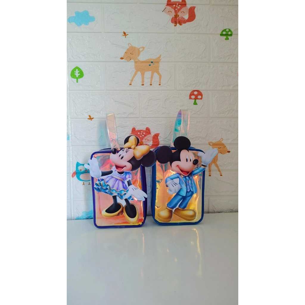 Kit 10 Bolsas de mão Tema Mickey/ Material plástico transparente , frente e alça no holográfico/Festa infantil
