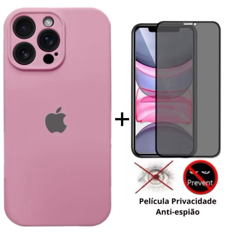 Kit Capa de Silicone Aveludada com proteção de câmera com Película privacidade para iphone 12 12Pro 12Promax.