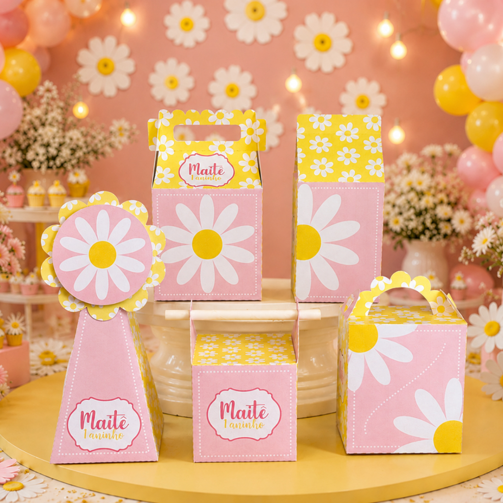 Kit Caixinhas Margaridas Personalizadas com Nome Lembrancinhas Infantil e Mesversário Pegue e Monte.