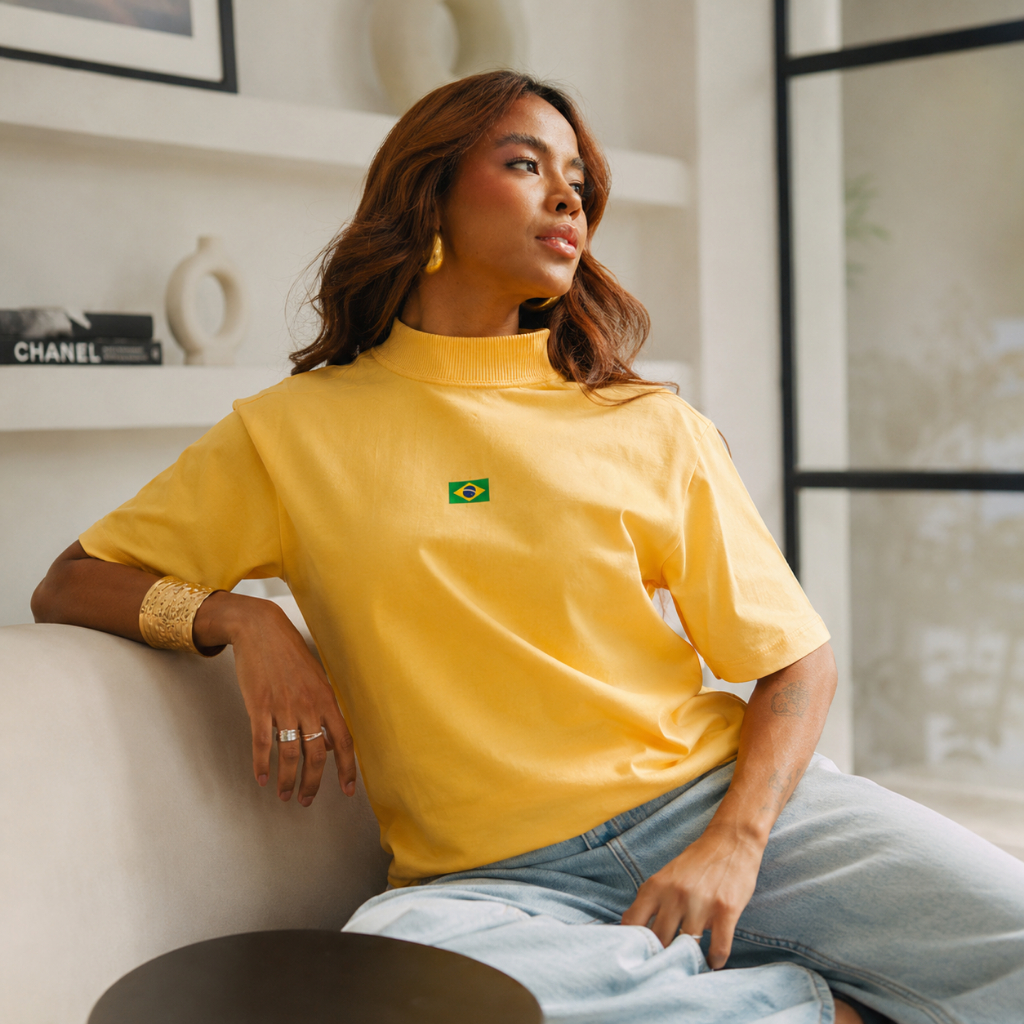 Camiseta Blusa Tshirt Feminina Gola Alta Algodão Premium Menegotti Amarela Copa Brasil Torcida