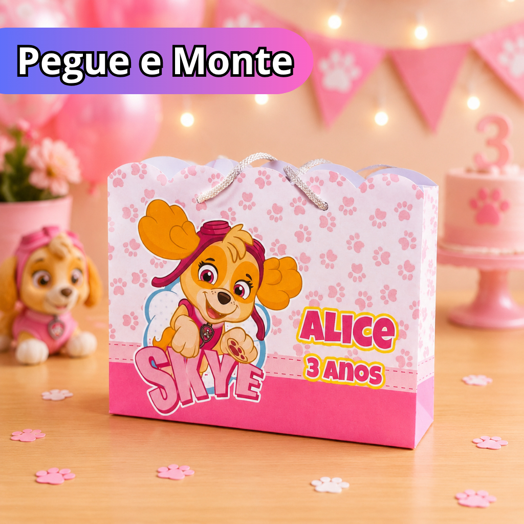 Sacolinha Personalizada Pegue e Monte Skye rosa festa infantil formato nuvem sacolinha surpresa