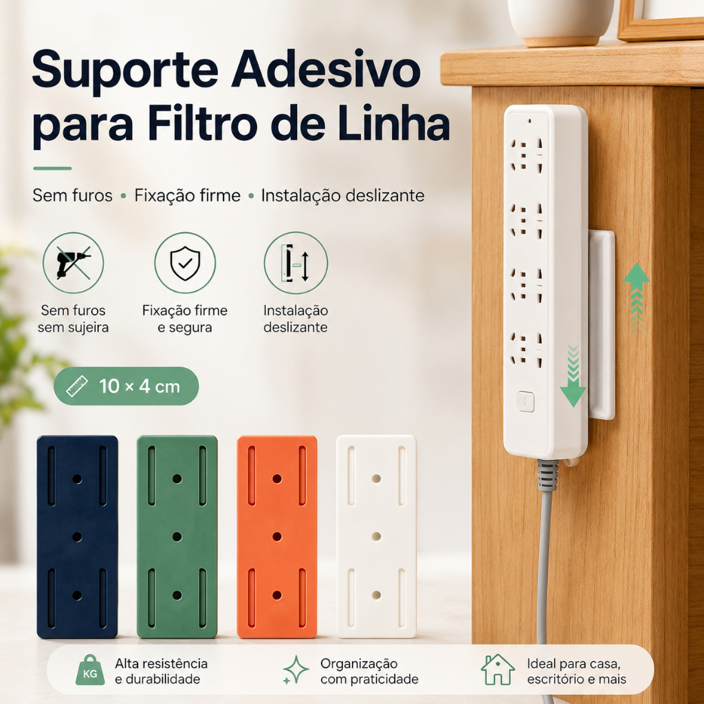 Suporte Adesivo Filtro De Linha Extensão Organizador Parede Mesa Fios Cabos Sem Furos Encaixe Deslizante Forte Prático