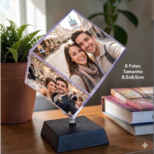 Foto Cubo Giratório com 6 Fotos Personalizadas 8,5x8,5cm Porta Retrato