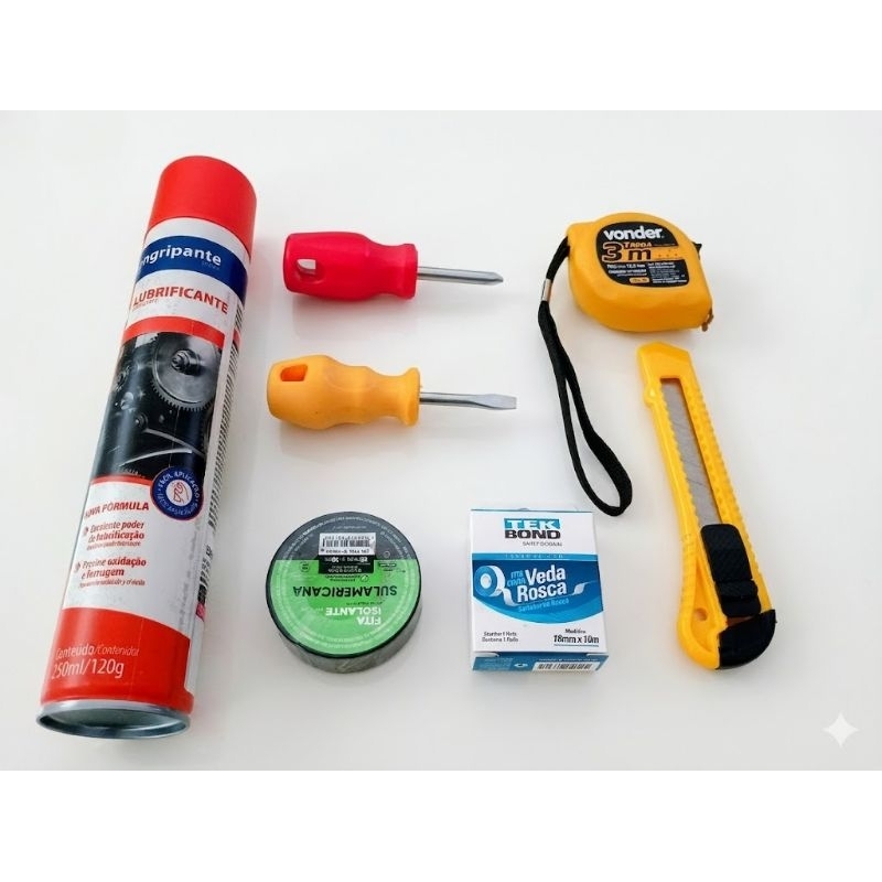 kit Lubrificante + Chave Philips + Chave Fenda + trena + fita isolante + fita veda rosca + estiletes
