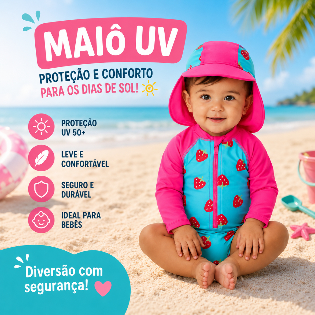 Maiô Bebê Menina manga longa com chapéu Proteção UV Milolê