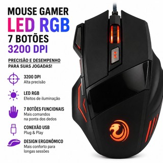 Mouse Gamer Iluminado Led RGB 7 Botões Para Jogos 3200 Dpi