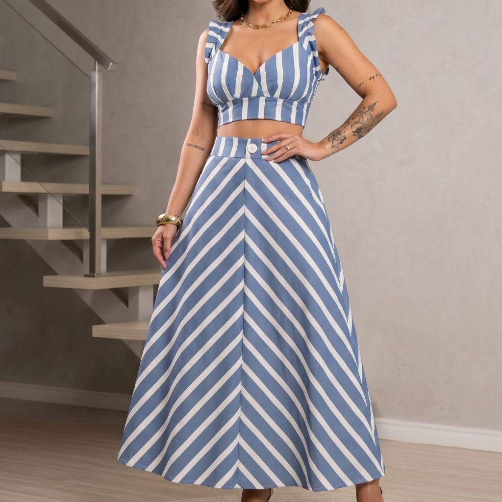 Conjunto Feminino Azul Listrado com Bojo Top Alça Regulável e Saia Longa Envio Imediato