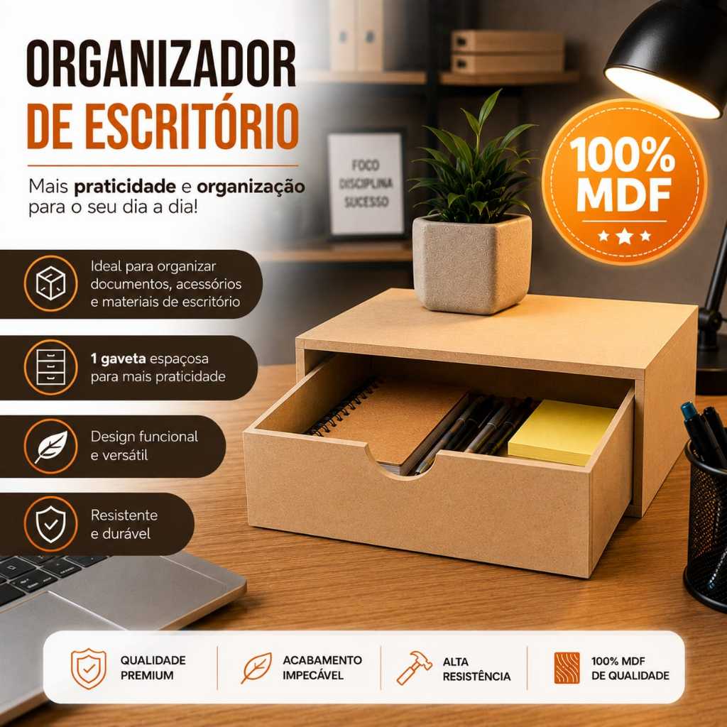 Organizador de Folhas A4 Gaveteiro 1 Gaveta P/ Folhas Documentos Acessórios em MDF Crú 500 Folhas