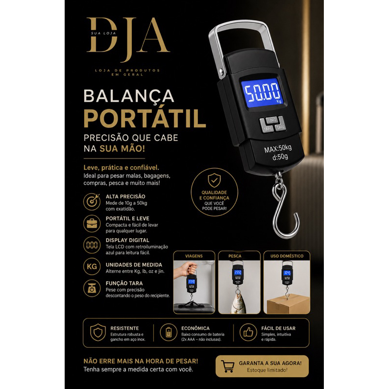 Balança Digital Portátil de Mão 50kg Alta Precisão com Visor LCD Grande e Alça Reforçada
