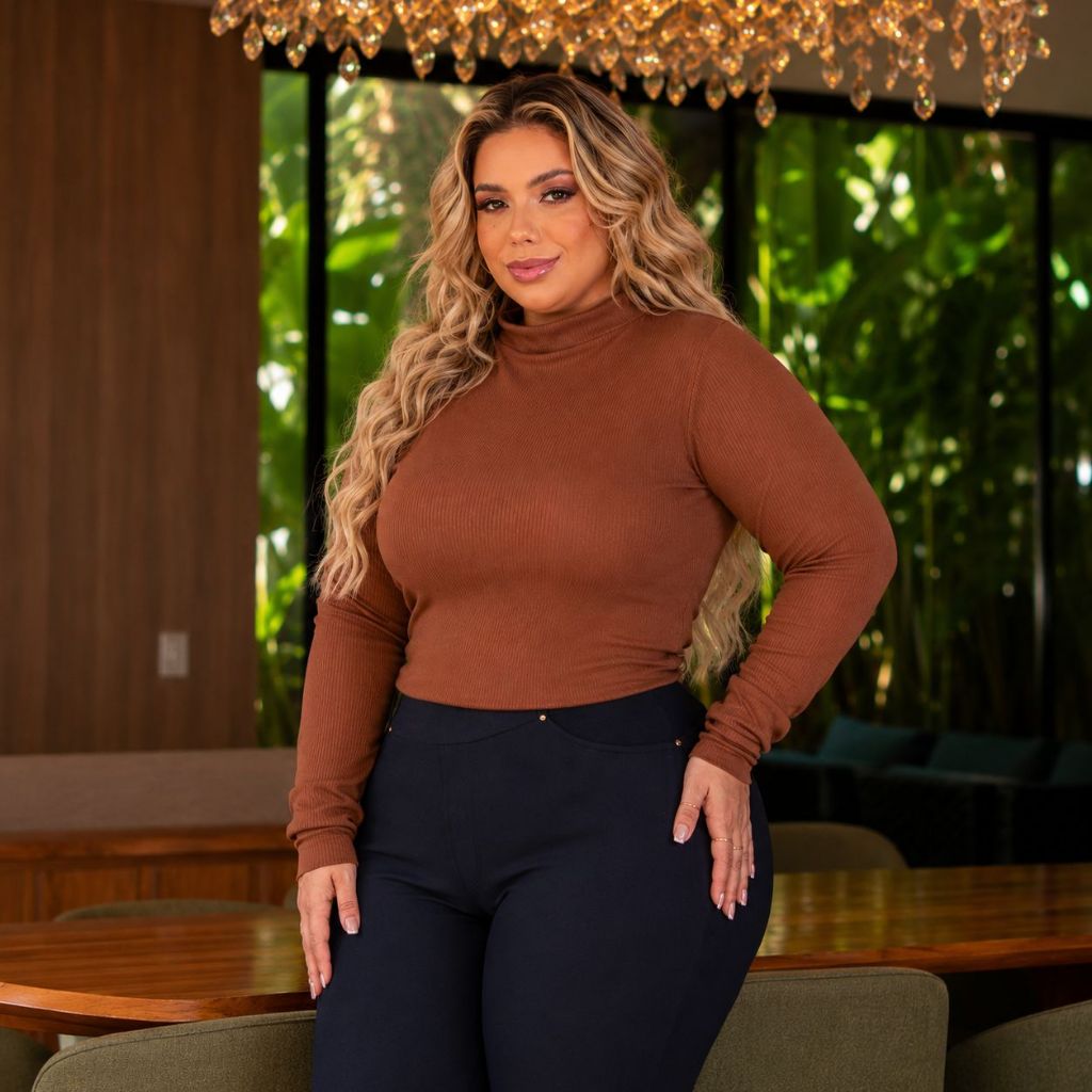 Blusa meia estação feminina plus size gola alta confortável blusa de frio marrom feminina plus tendência manga longa