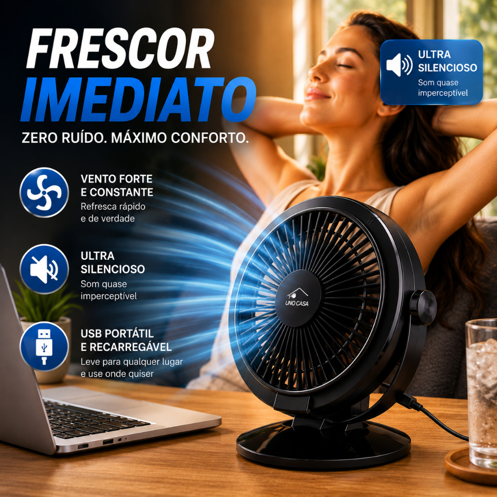 Mini Ventilador Portátil Silencioso USB Recarregável Mesa Forte Compacto