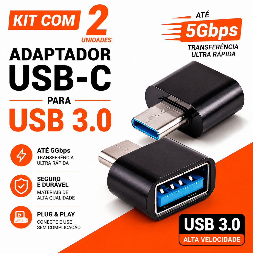 Kit 2 Adaptador OTG USB-C para USB-A USB 3.0 5Gbps Tipo C Android, Tablet e iPhone 15