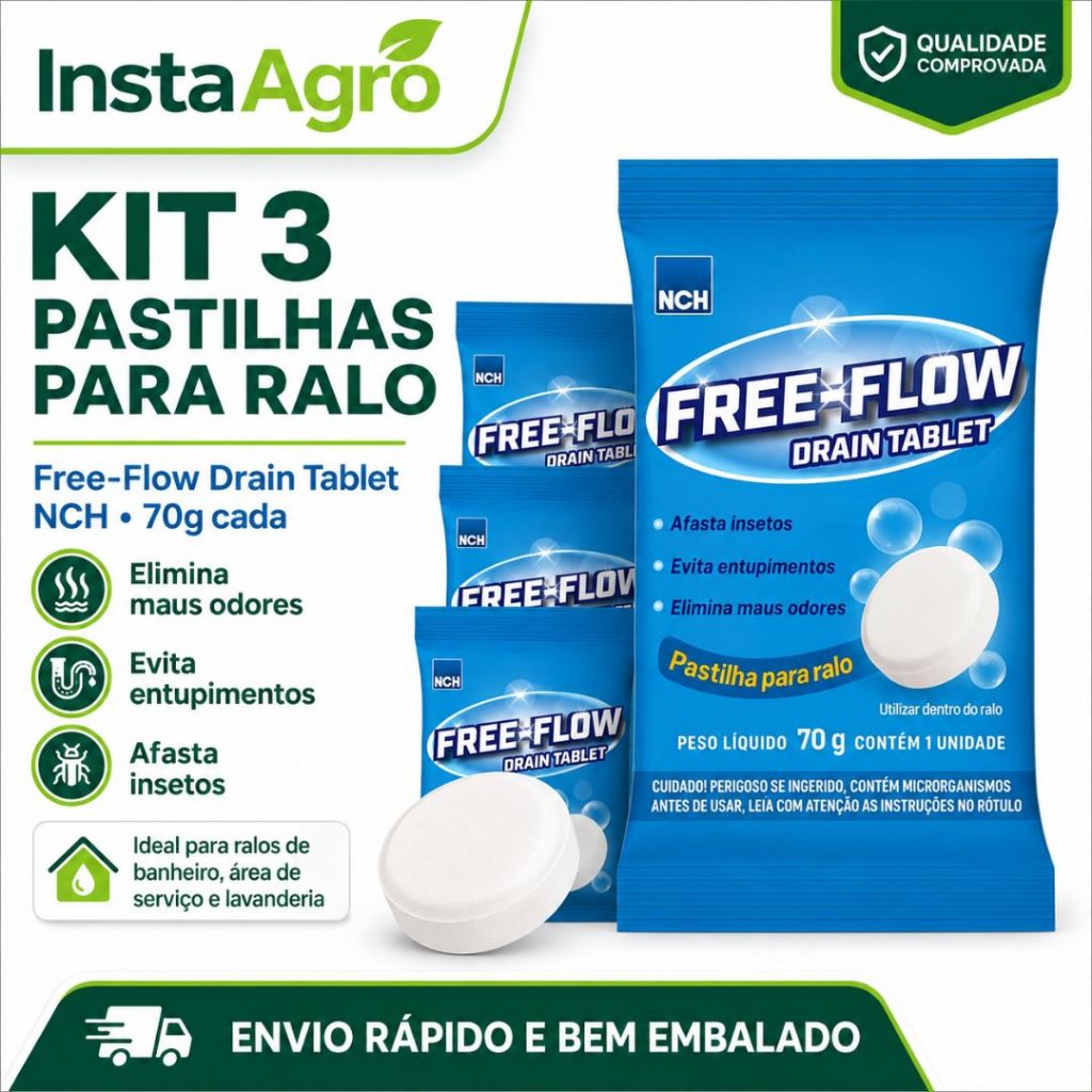 Kit 3 Pastilhas Para Ralo Free Flow Drain NCH 70g Elimina Odores Mau Cheiro Banheiro Pia Cano Caixa De Gordura